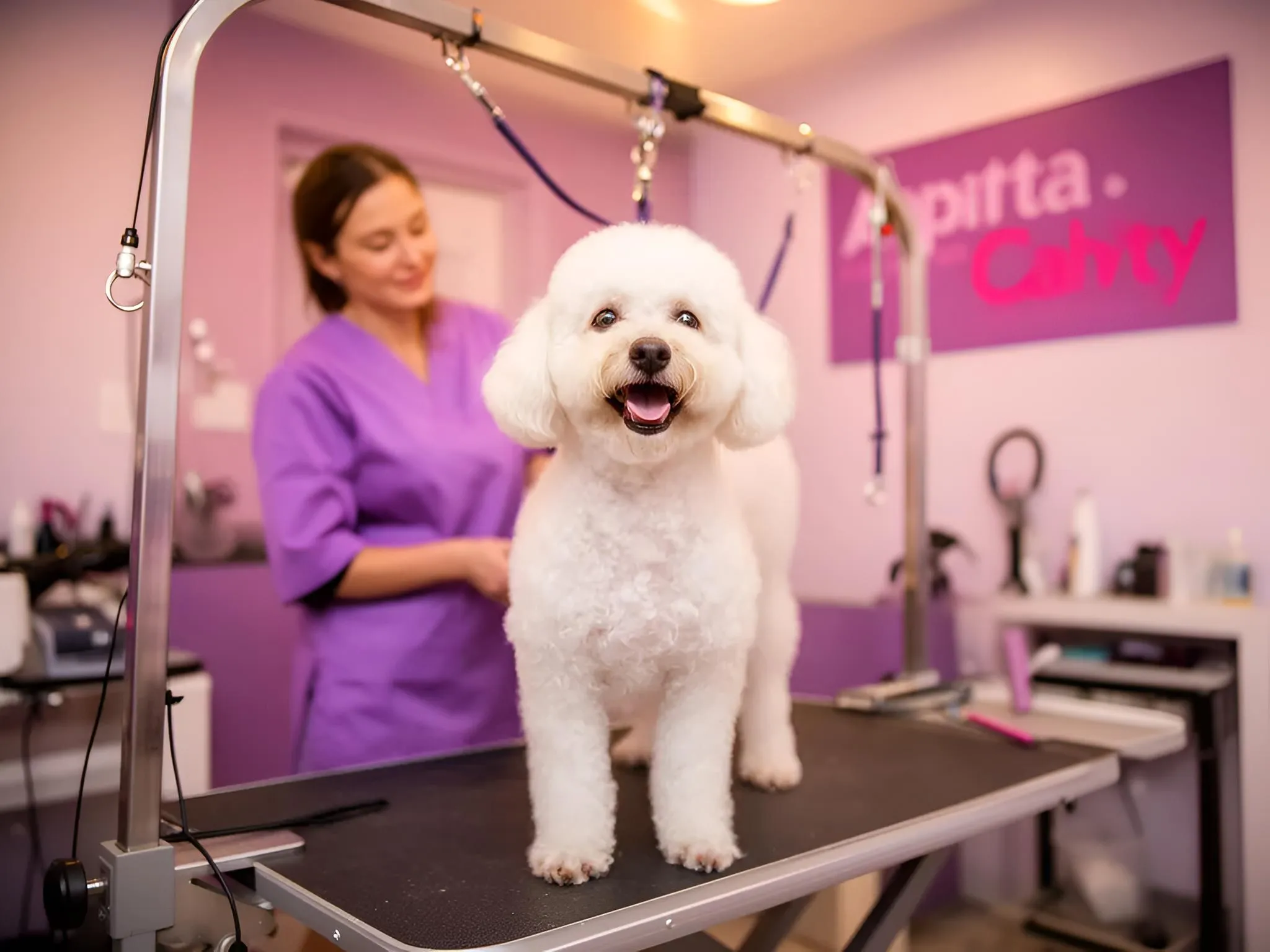 Fancy Paws Pet Grooming salon with professional groomer and happy poodle